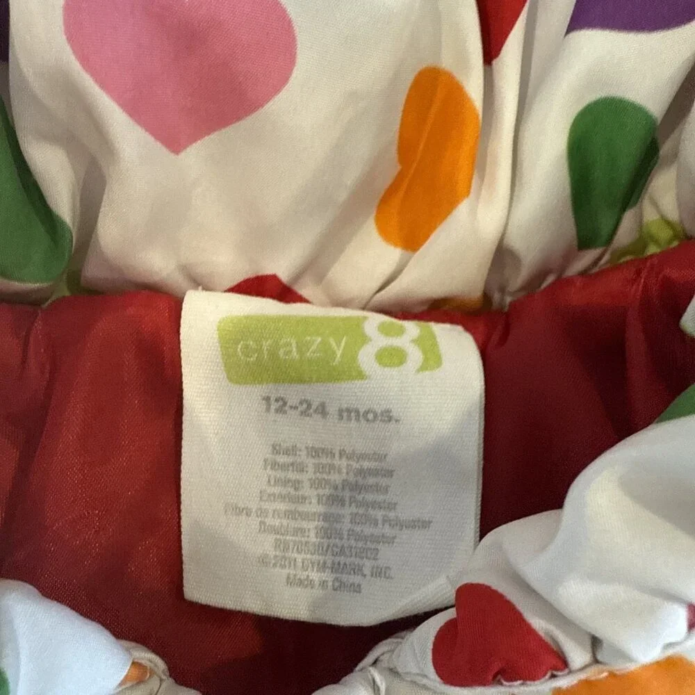 Crazy 8 Girls Coat 12-24 Months Toddler Jacket Heart Print Puffer Lined Colorful